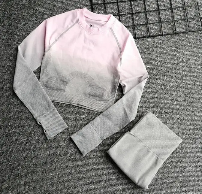 pink set Женский бесшовный комплект для йоги, для спортзала, высокая талия, лосины, футболки, топ, костюм с длинным рукавом, фитнес, тренировки, спорт, набор спортивной одежды для бега - Цвет: pink set