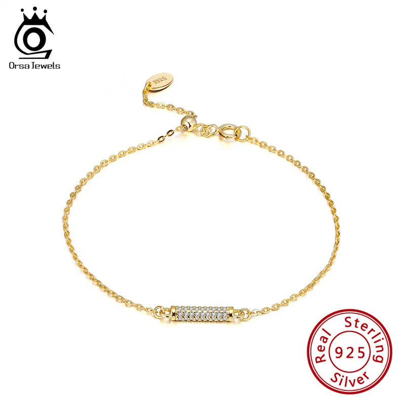 

ORSA JEWELS Original 925 Sterling Silver Chain Bracelets for Women Silver Zircon Cylindrical Girl Women Bracelet Adjustable SB63