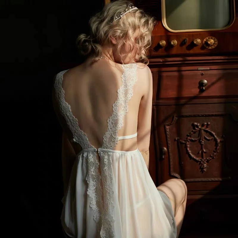 Women Back Split Nightgown Sleepwear Lace See Through Nightwear Full Slip Sleeping Dress Home Sex Love Lady Intimates Sleepshirt