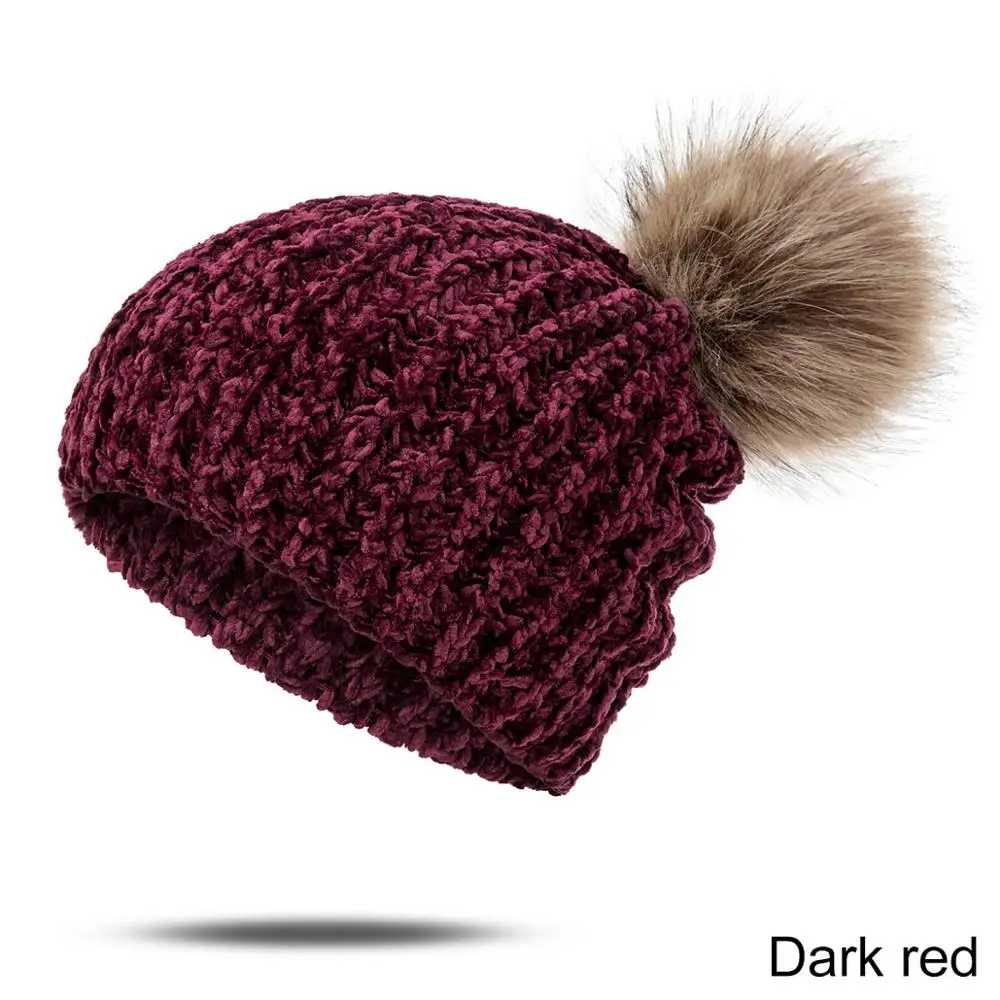 dark red Модная зимняя женская шапка, мягкая Толстая зимняя теплая шапка, одноцветная вязаная шапка с помпоном, аксессуары для одежды, czapka zimowa - Цвет: dark red