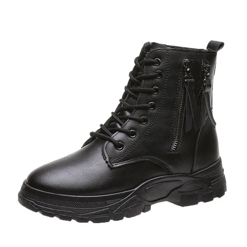 NEW Boots 2020 Beige Black Leather Boots Female Women Shoes Plush Martin Boots Women Fashion and Keep Warm Winter Boots Women
