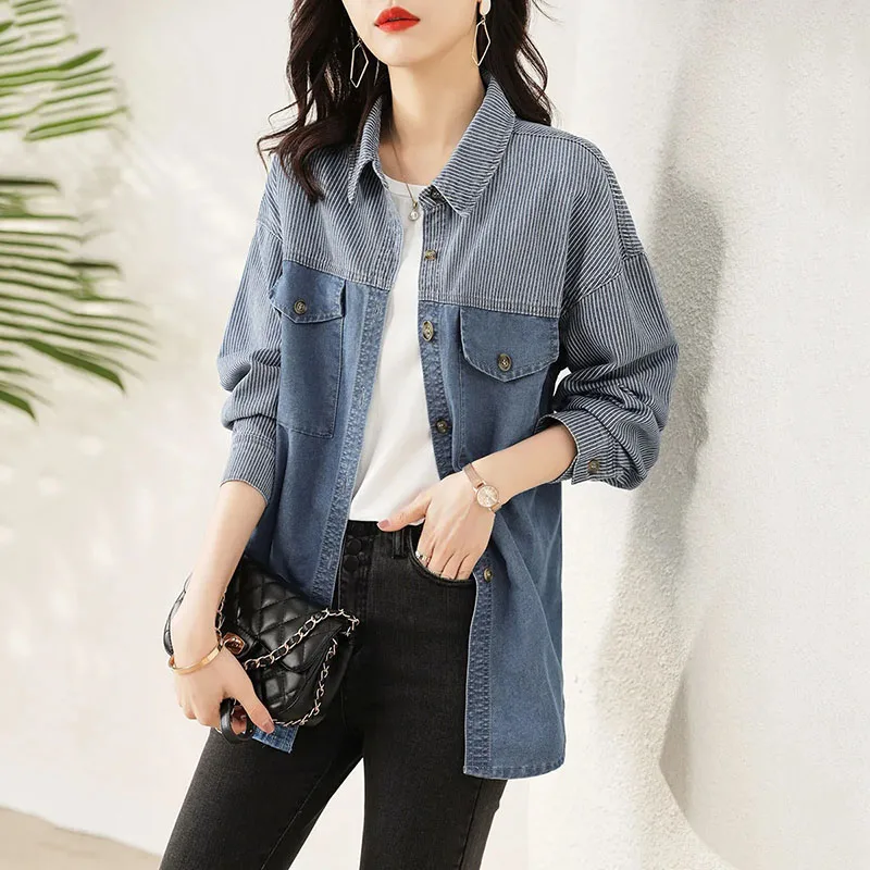 

Женская однобортная джинсовая рубашка, универсальная Свободная рубашка из денима для работы, весна-осень 2021