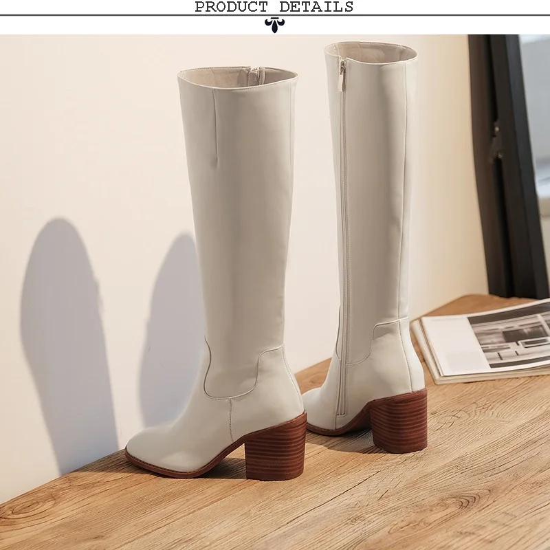 ZVQ/Новые выразительные зимние сапоги до колена теплая женская обувь из натуральной кожи с квадратным носком на высоком каблуке Прямая поставка; размеры 34-43