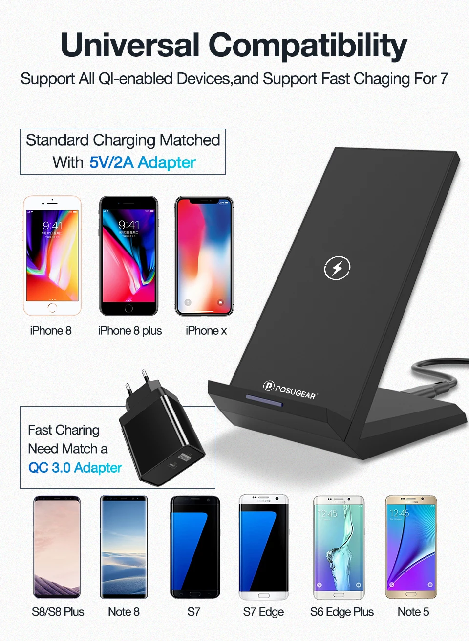 Posugear 15 Вт Qi Беспроводная зарядная подставка для iPhone 11 Pro X XS 8 XR быстрая Беспроводная зарядная подставка для samsung S10 S9 Note 9 10
