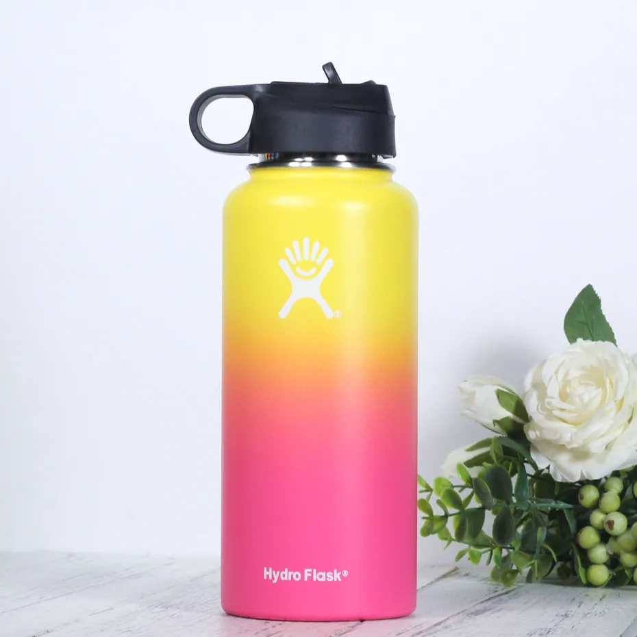 Бутылка для воды из нержавеющей стали, бутылка для воды с вакуумной изоляцией, портативная термобутылка для путешествий с широким горлом, 32 унции - Цвет: Yellow pink