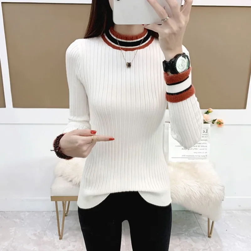 Women Sweater Turtleneck Patchwork Long Sleeve 2019 Autumn Winter Knitted Female Sweaters Soft Stretchy Pullover Knitwear