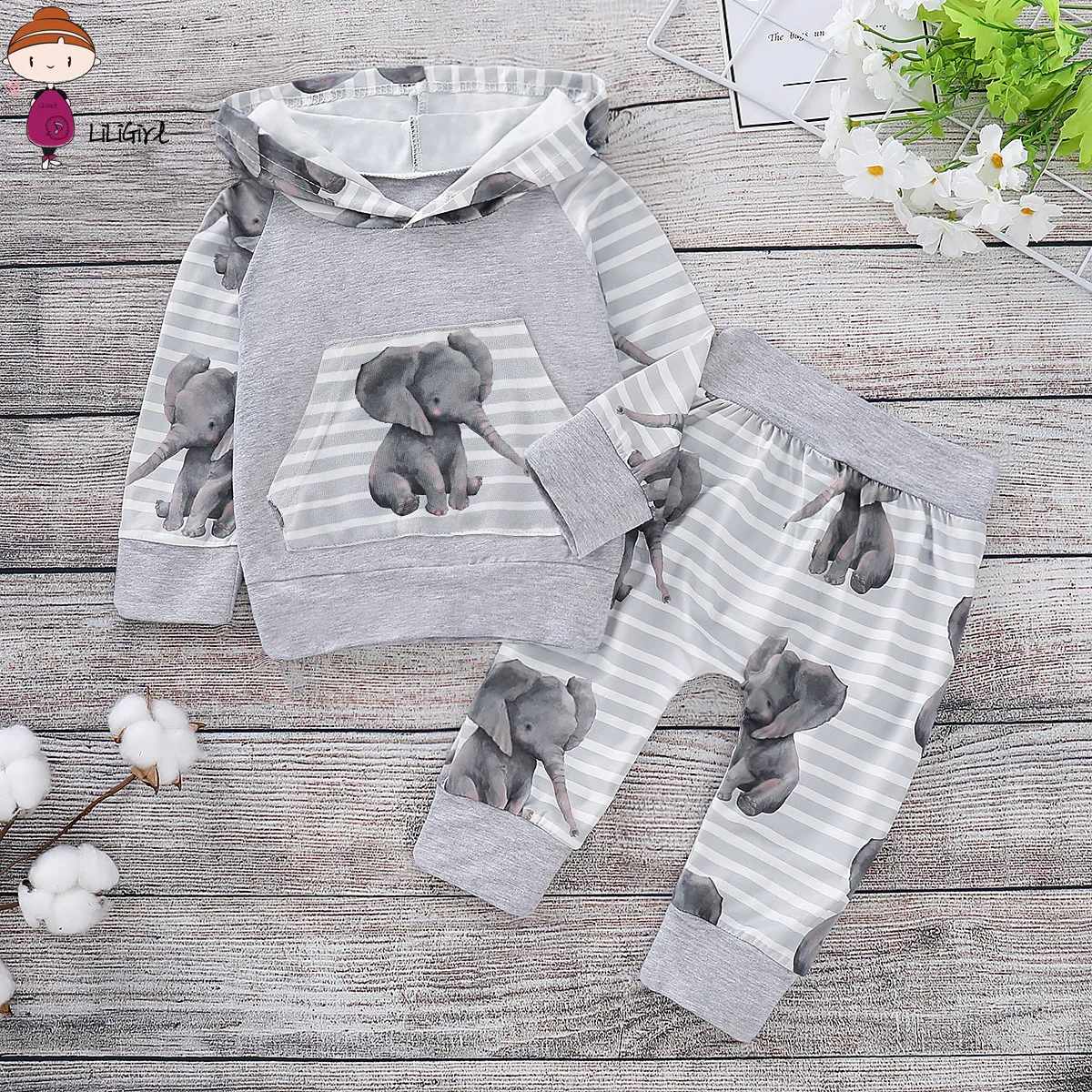 

Baby Boy Clothes Set Light Grey Newborn Clothes Hooded Tops+Soft Pants 0-2Years Kids Set For Boy Girl Cartoon Elephant