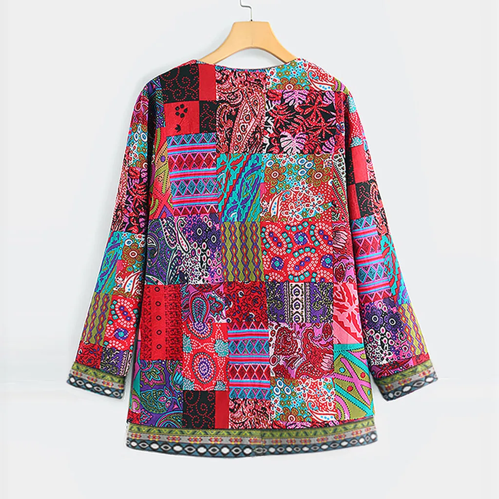 Новое Женское зимнее пальто, винтажный этнический стиль, цветочный принт, длинный рукав, размера плюс, хлопковая куртка, пальто, chaquetas mujer# guahao