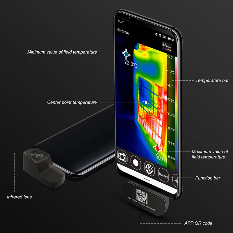 US $359.02 HT201 Thermometer Multifunction Meter Handheld Detection Mobile Phone Infrared Black High Thermal Imager for Android