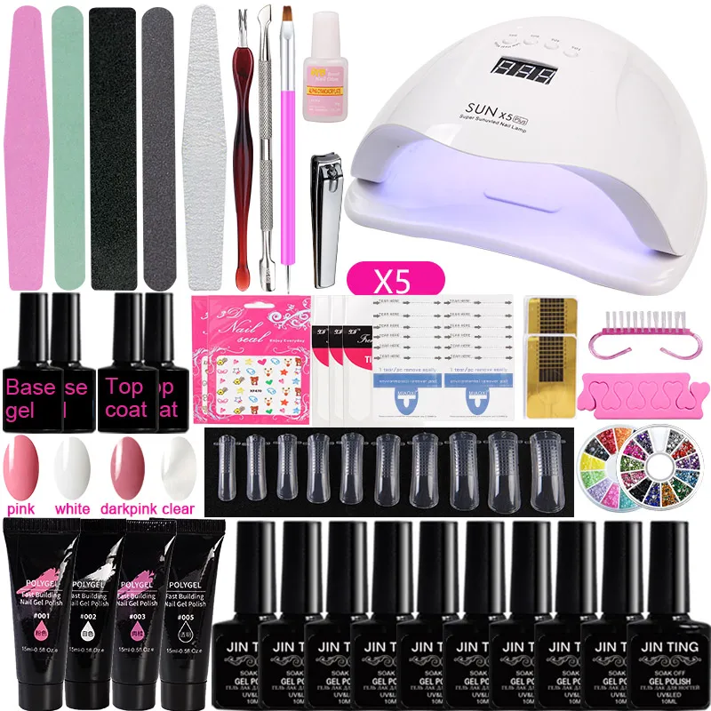 

A5 Nail Set with UV Lamp Led Dryer Polygel Nail Kit Soak Off Quick Building Gel Clear Manicure Set for Nail Art Tools
