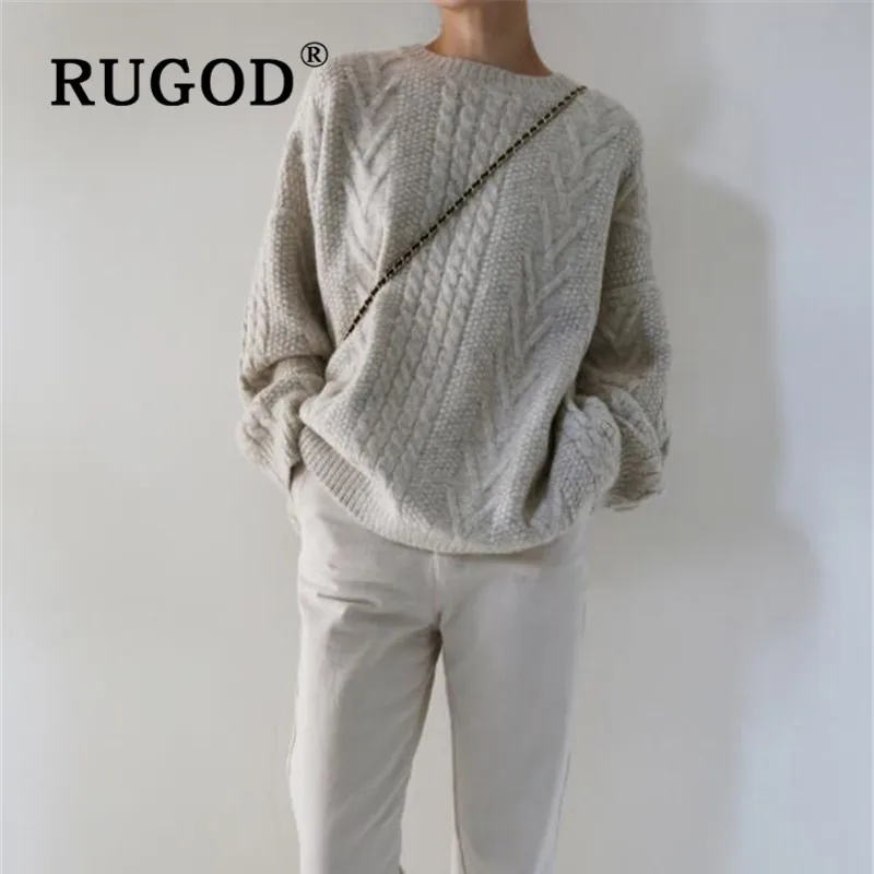 RUGOD, винтажный витой женский свитер, корейский, рукав летучая мышь, свободный, auturm, пуловеры для девушек, модные, одноцветные, Свитера большого размера