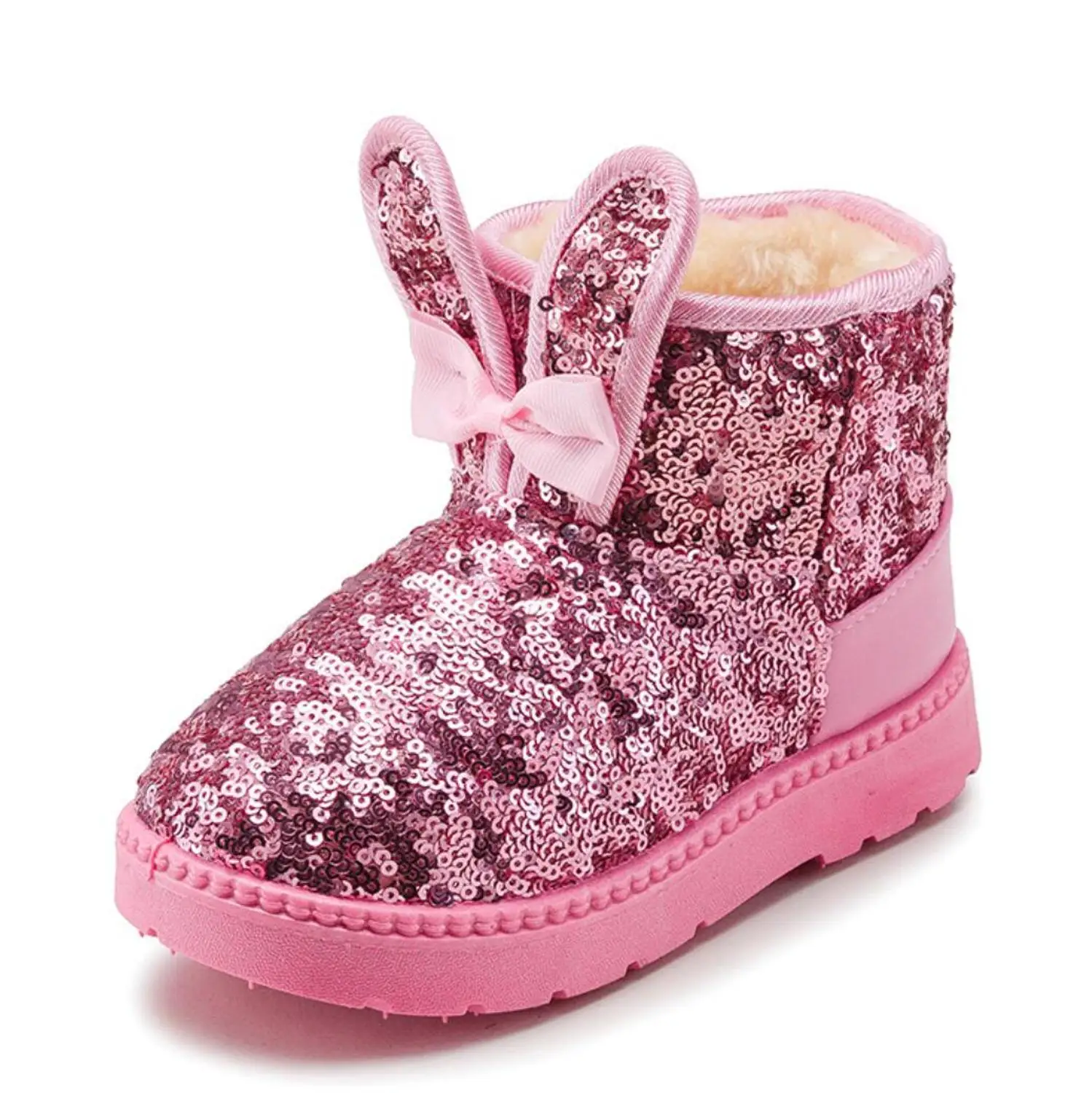 

Girls sequins Snow Boots Winter Warm Flat Round Toe Kids Shoes Baby Children's Pink Black Soft Boots Size 24-35