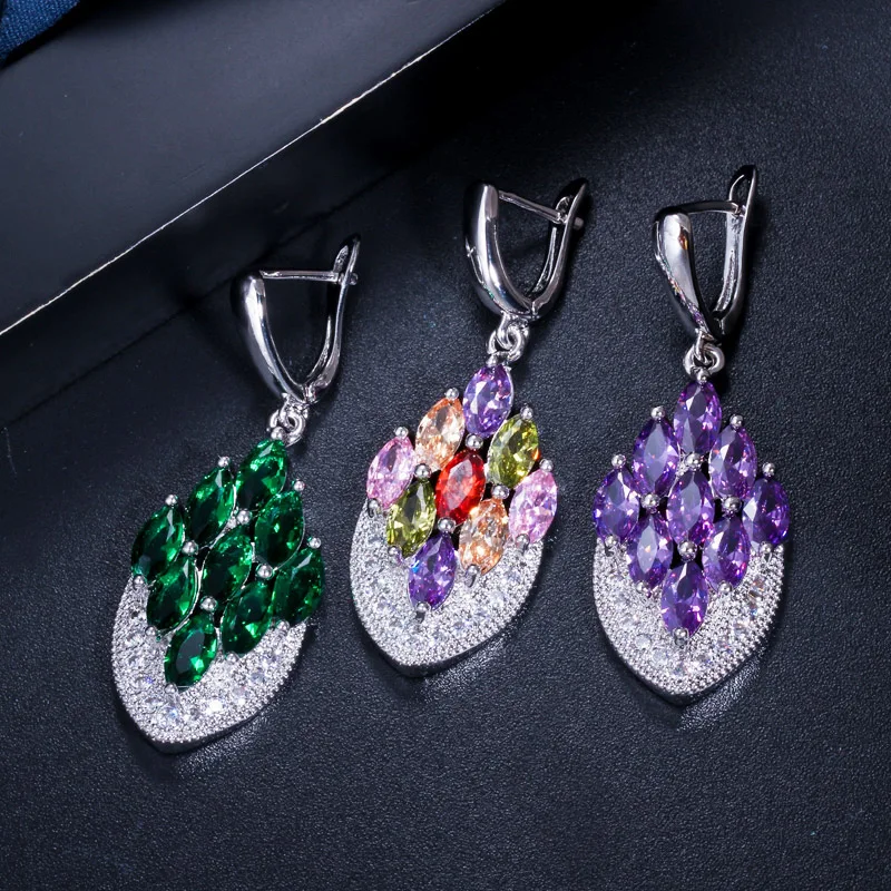 Anchor Shape Dangle Drop Long Cubic Zirconia Red Purple Crystal Earrings for Women Silver 925 Fashion Jewelry Accessories