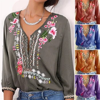 

Blouse Women Vintage V-Neck Floral Embroidery Long Sleeves Top Shirt Dames Blouses Lange Mouwen Chemisier Femme Woman Blouse