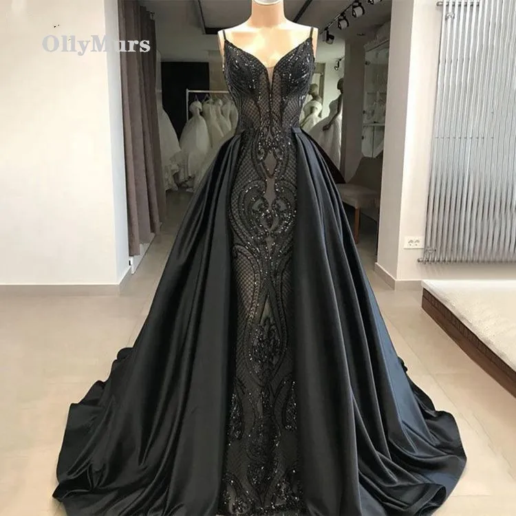 

Long Elegant Evening Dress 2019 New Arrival V-neck Lace Saudi Arabia Women Black Formal Evening Gowns With DetachableTrain