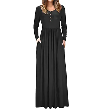 

WoMen Autumn VogueLong Sleeve O-Neck Solid Dress Pocket Button Dress Dresses Women Nice Denim Sundress Gown For Lady