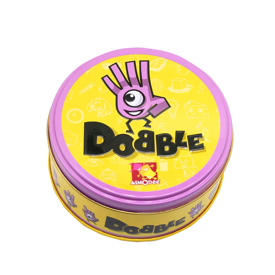 Spot it and dobble-Juego de mesa para niños, tarjetas de punto para acampar, caja de lata de Metal, Juguetes