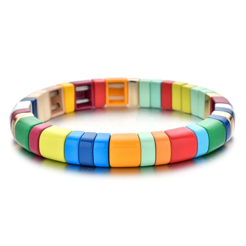 Hot Fashion Multicolor Enamel Colour Elasticity Bracelets Colorful Fashion Bangles for Men Stacking Alloy Tile Bracelet Pulsera