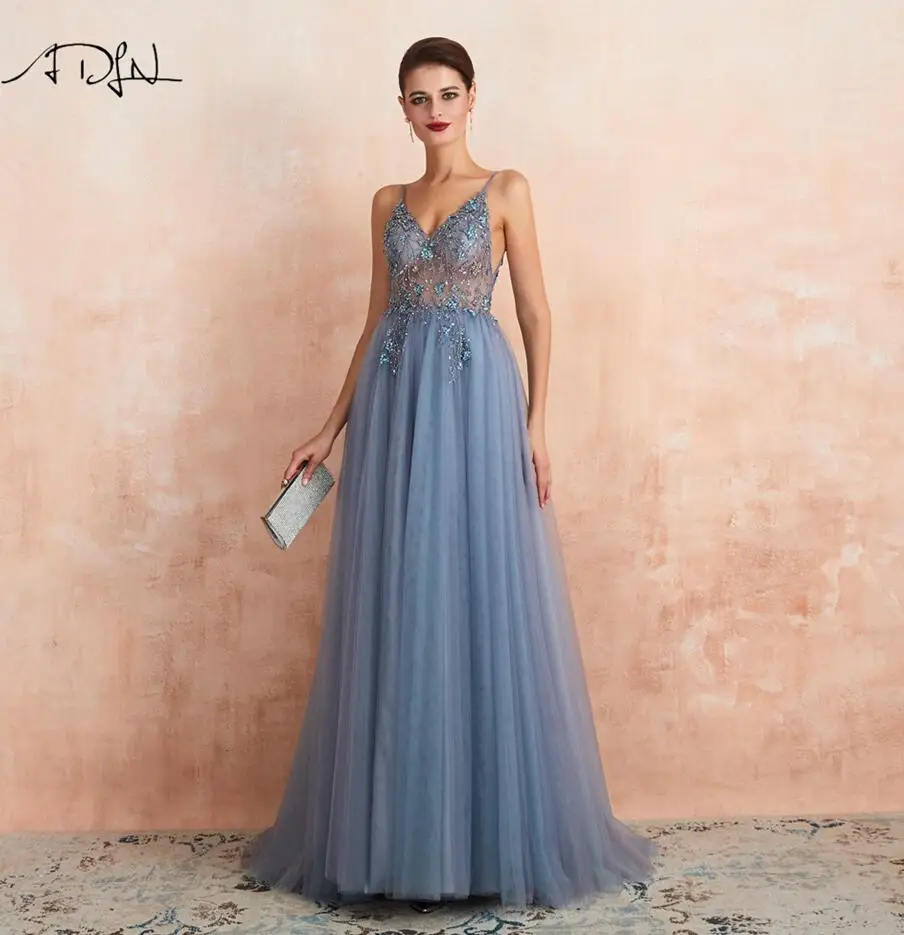 same as picture ADLN новинка Vestido de festa longo сексуальные длинные вечерние платья Глубокий v-образный вырез боковые разрезы бусины Кристалл Вечерние платья выпускного вечера - Цвет: same as picture
