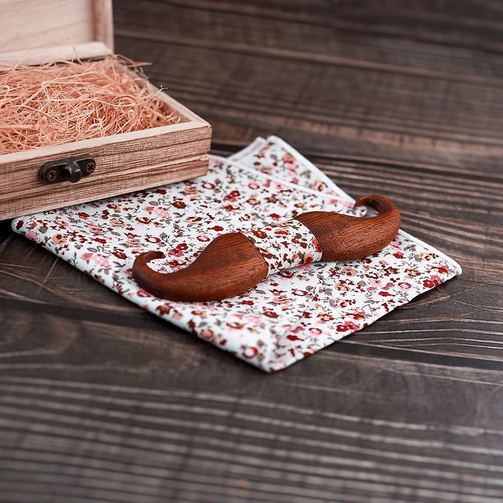 3D mustache Sapele Wooden bow tie for men gift Foral flower pattern pocket square bow tie set bow tie