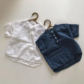 

MILANCEL boys tee breathable linen boys t shirt single breast kids base tee short sleeve boys shirt