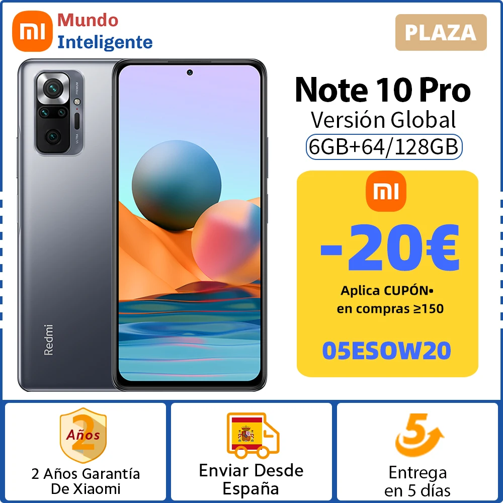 -20€ Código: 05ESOW20 ,Versión Global Xiaomi Redmi Note 10 Pro 6GB 128GB / 64GB 108MP Quad Cámara Snapdragon 732G teléfono móvil 120Hz 6,67 Pantalla AMOLED 33W de carga rápida