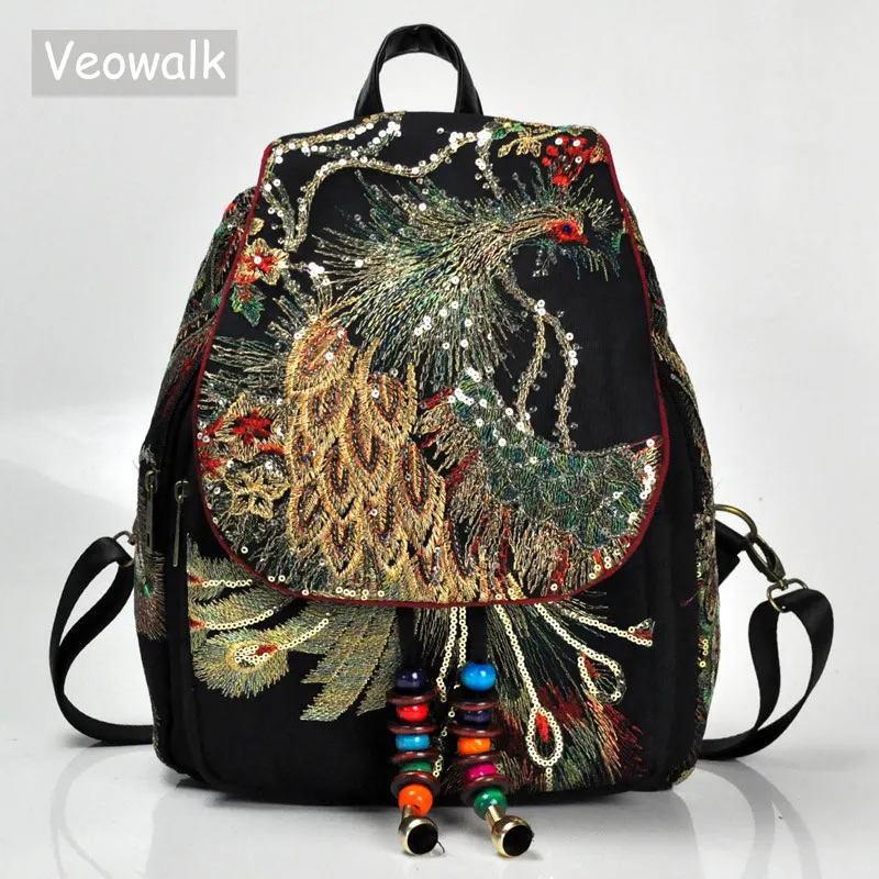 Discount Canvas Backpacks Embroidered Women's Peacock Small School Woman Sequins Veowalk Floral EN1G5N9Vk