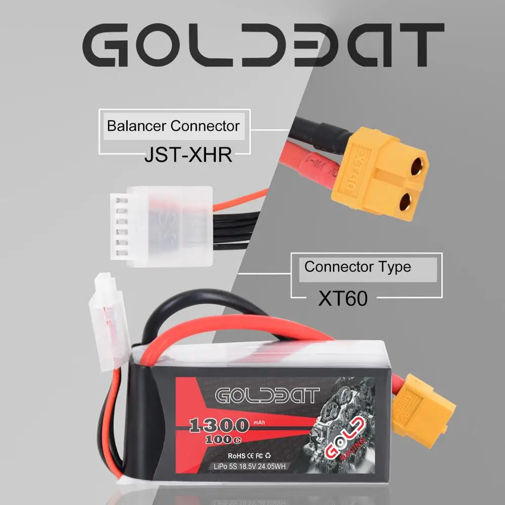 GOLDBAT FPV Lipo батарея 1300 мАч 5s 100C батарея 18,5 в Дрон литий-полимерный аккумулятор 5s с XT60 вилкой для Heli самолет Дрон FPV гонки