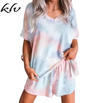 

Women Plus Size 2 Piece Pajamas Set Short Sleeve Rainbow Tie-Dye Leopard Print Sleepwear Drawstring Loose Loungewear