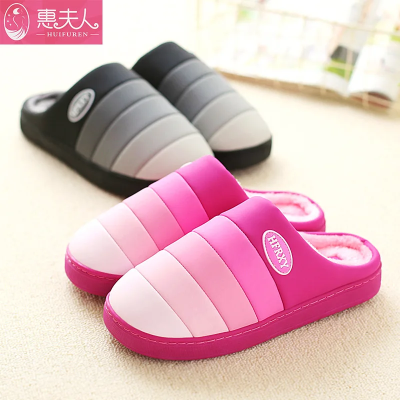 Waterproof Non-slip Stripe Cotton Slippers Female Winter Indoor Plush Men And Women Lovers Cotton Mop To Keep Warm At Home comwarm shark plush slippers for women men autumn and winter warm cartoon cotton slipper non slip waterproof outdoor home shoes