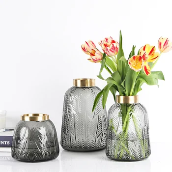 

European Copper Ring Mouth Flowe Vase Leaf Pattern Glass Vase Tulip Peony Hydroponic Flower Arrangement Table Top Decoration