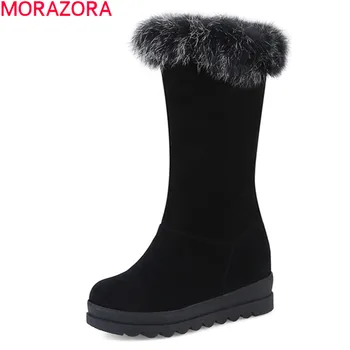 

MORAZORA 2020 Winter fashion snow boots comfortable flock round toe ladies shoes keep warm solid black mid calf boots women