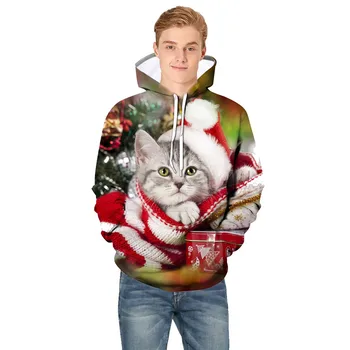 

Vogue Men Christmas Sweatshirt Hoodies 3D Printed Pullover Cute Big Cat Long Sleeve Sweatshirt Top Blouse Plus Size Winter