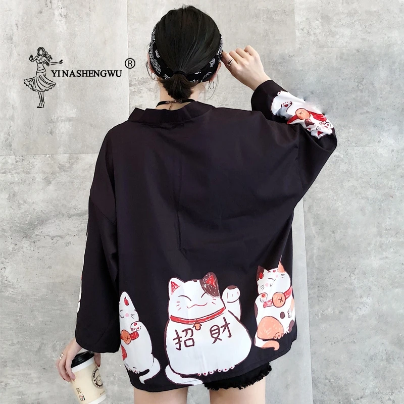 Японский счастливый кот печати кимоно кардиган женский Свободная рубашка Топы пляжное повседневное пальто юката Женские кимоно косплей