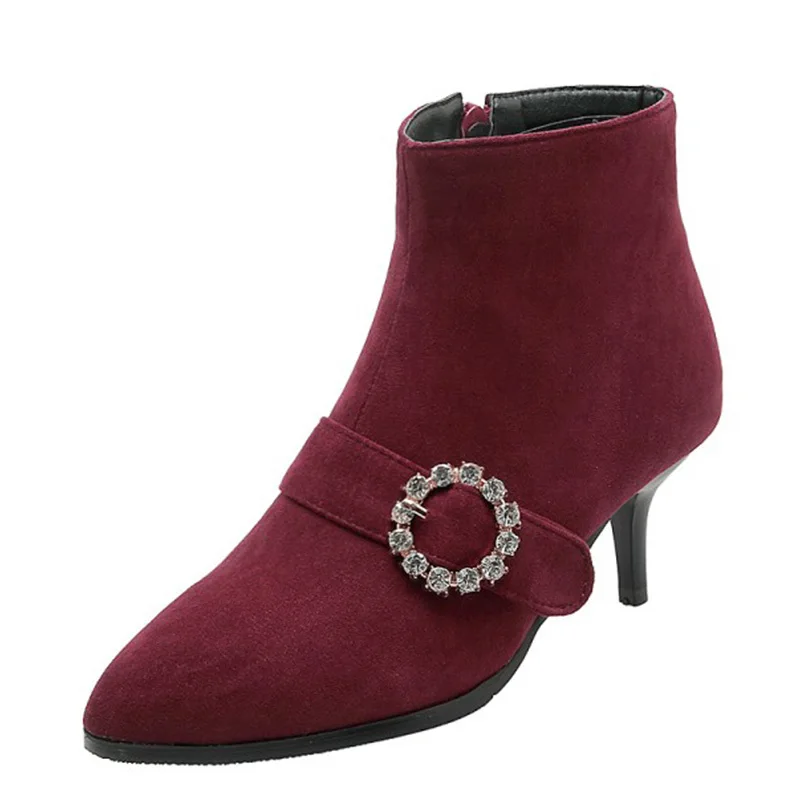 

KALENMOS Autumn Winter Boots Women Flock High Heel Ponited Toe Crystal Party Shoes Ladies Heels Office Black Booties Size 34-46