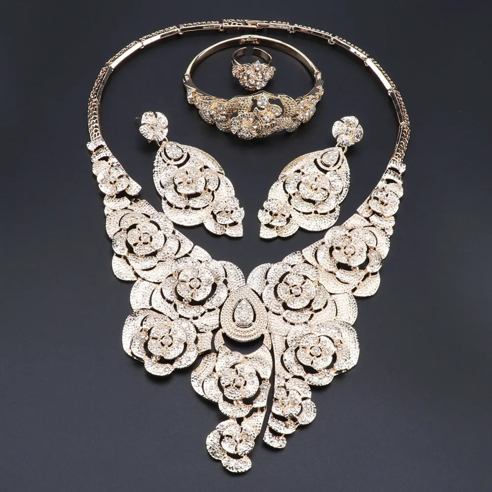 Классический набор ювелирных украшений для невесты Африка Дубай золото-цветной шарик мода женщины крупное колье серьги, браслет, кольцо наборы