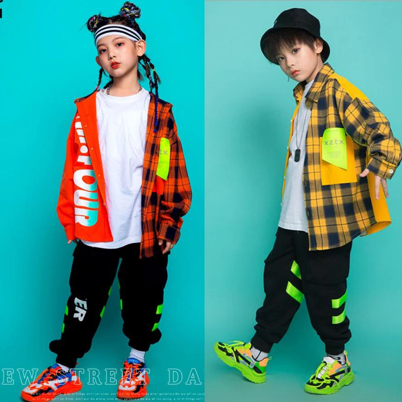 Kids Performance Hip Hop dancing Outfits Oversize Plaid Shirt Tops