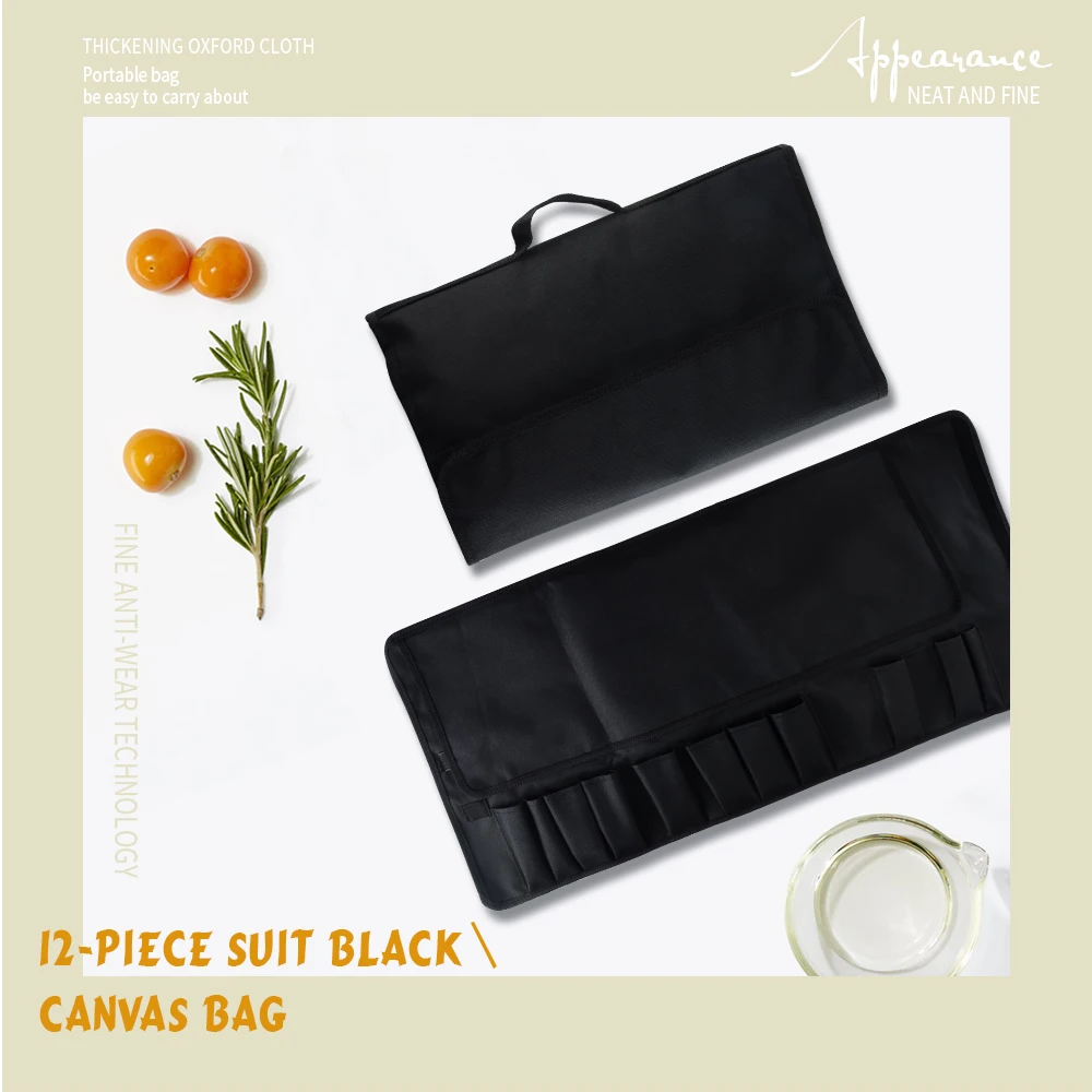

DAMASK 12 Pcs Kitchen Knife Bag Durable Black Canvas Roll Bag With 12 pockets For Kitchen Tools Chef Knife Portable Knife Holder