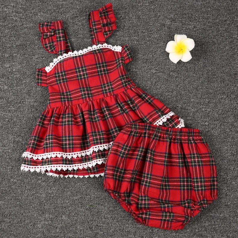 

Baby Spring Summer British Style Girl Dress Set Explosion Models Plaid Clothes Set Girl Red Harness+PP Pants Suit