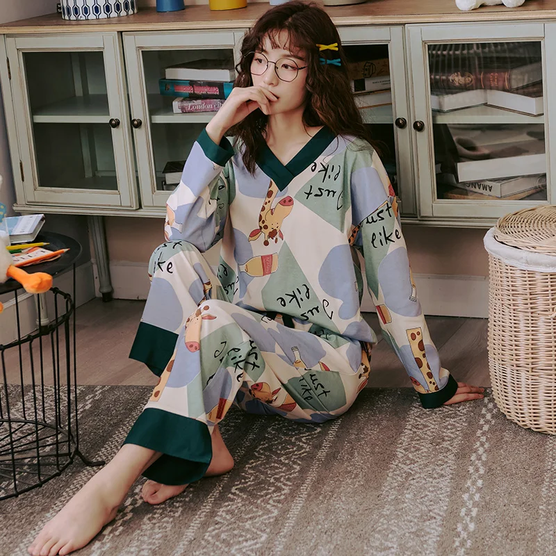 

BZEL Hot Sale Women's Pajamas Sets Cute Cartoon Nightwear Femme V-Neck Sleepwear Homewear Long Sleeves Long Pans Pijamas Pyjamas