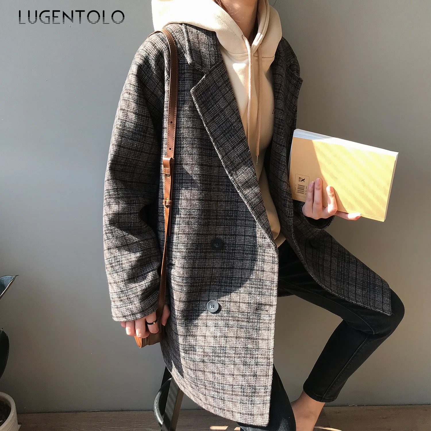 Lugentolo, Женское шерстяное осенне-зимнее шерстяное пальто, свободное повседневное корейское винтажное клетчатое элегантное пальто средней длины с отложным воротником