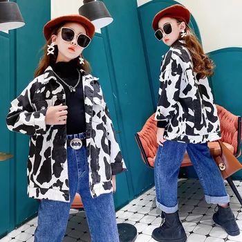 

Korean style baby girl cow print jacket teen teenager windbreaker autumn winter clothes kid children clothing coat outerwear