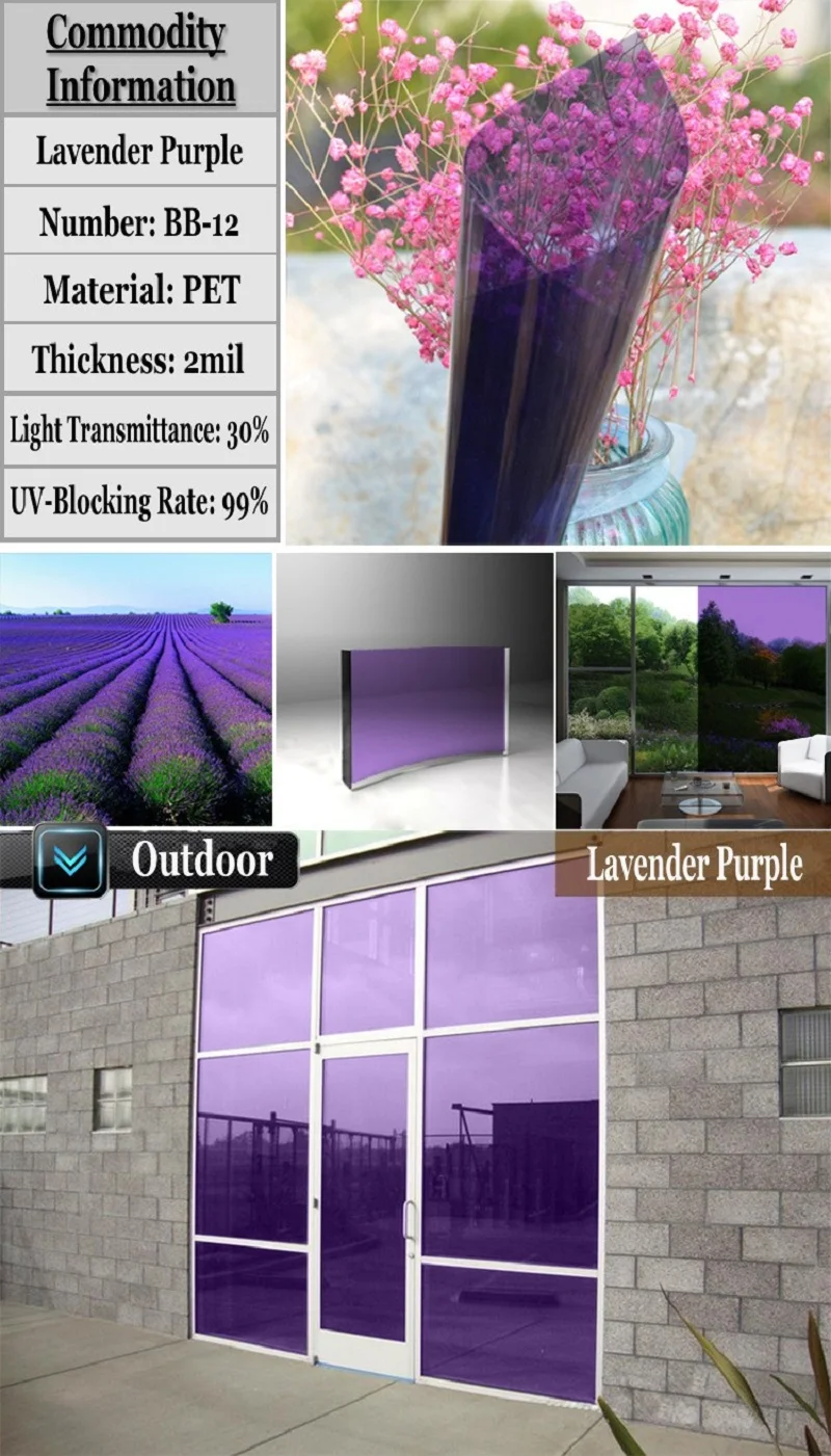 Lavender Purple Многоцветная стеклянная пленка ПЭТ самоклеящаяся для дома, офиса, рынка, строительства DIY Ручная работа, украшение для стекла, тонированная пленка 50 см x 100 см - Цвет: Lavender Purple