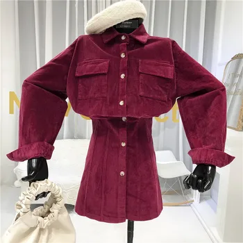 

Corduroy Shirts Dress Preppy Style Solid Above Knee, Mini Turn-down Collar Casual Dress Women's Dress for Everyday