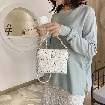 

Pearl Chain Crossbody Bags For Women 2020 Shoulder Bag PU Leather Small Flap Printed Summer Handbags Messenger Travel Bags