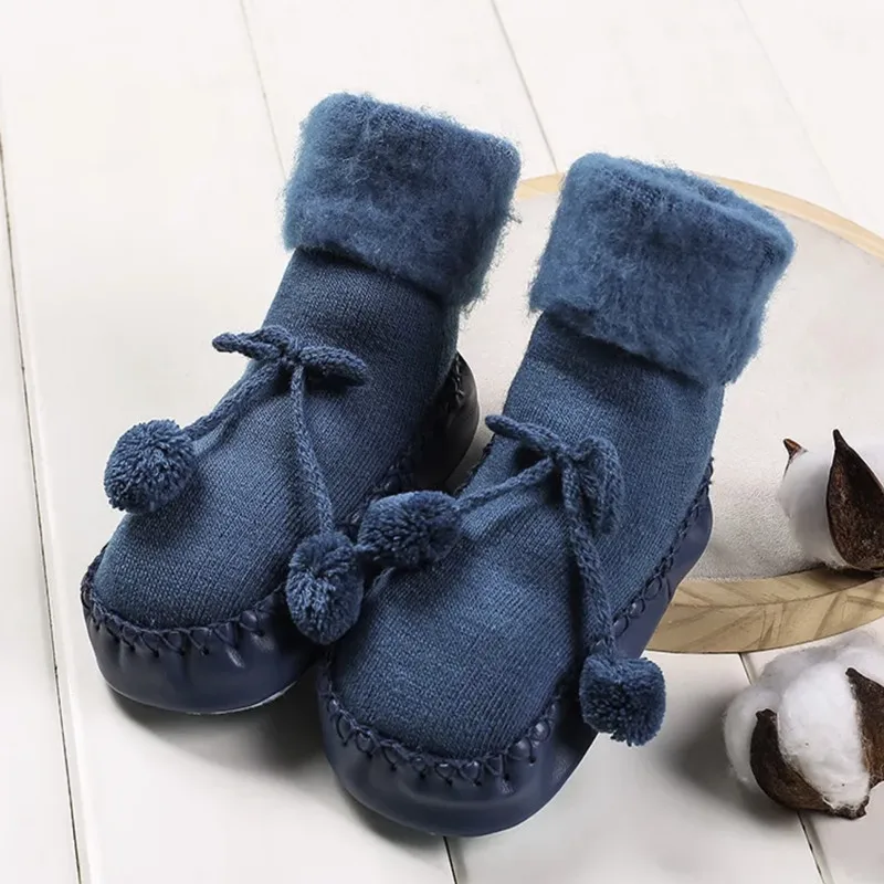 Носки-тапочки для маленьких детей; теплая Вельветовая обувь для малышей; нескользящая обувь для малышей и носки - Цвет: Синий