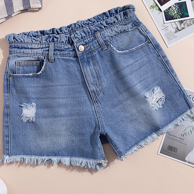 CyiExi Summer Female High Waist Denim Shorts  Ruffle Waist Jeans for Woman Broken Holes Casual Ladies Jeans Shorts Bottoms S-XL