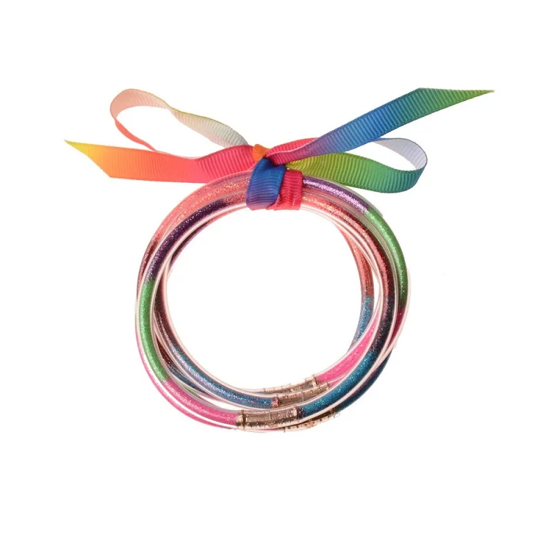 

5 PCS/Set Fashion Bowknot Gold Silver Glitter Bangles Set All Weather Stack Silicone Plastic Glitter Jelly Bangles Women Jewelry