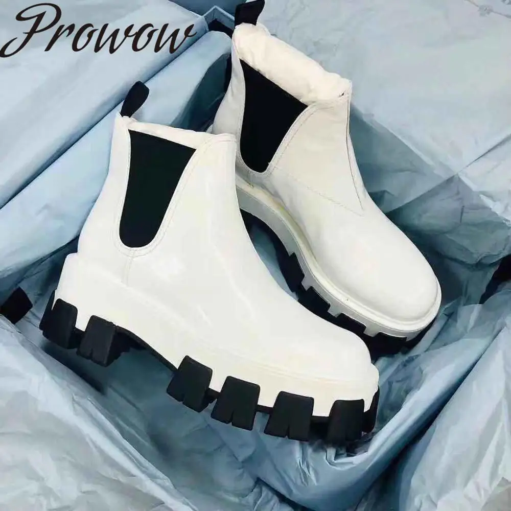 

Prowow New Genuine Leather Luxury Brand Ankle Boots Round Toe Thick Heel Slip On Moto Boots Shoes Women
