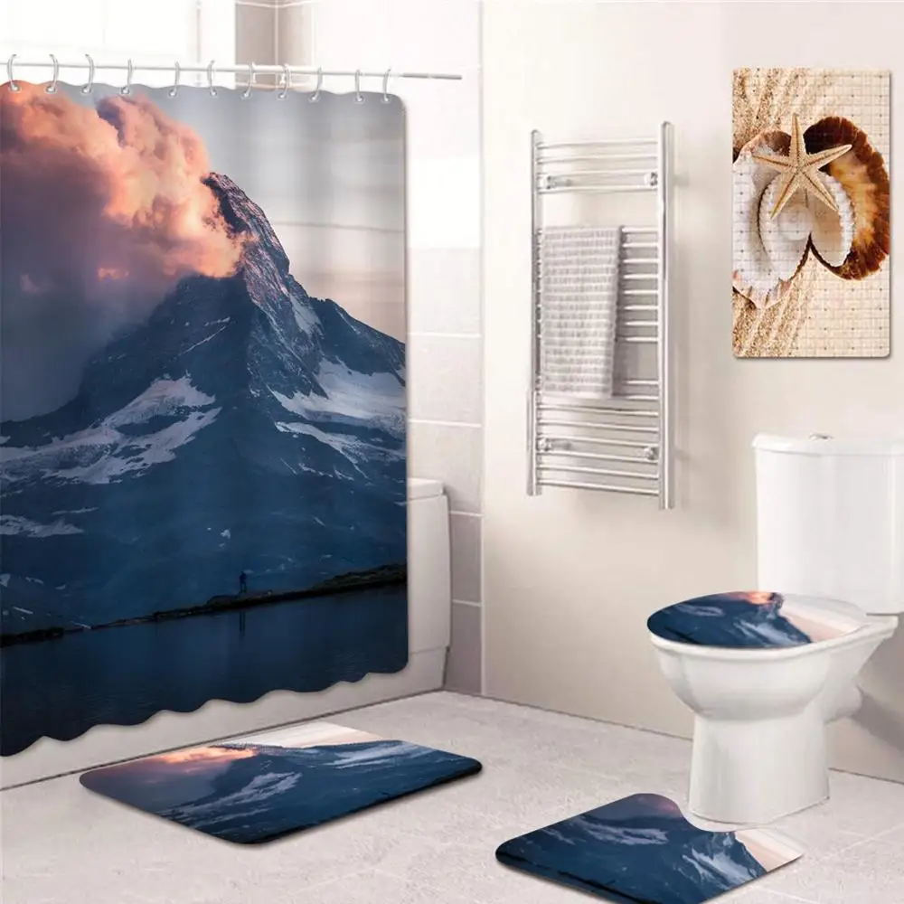

Natural Scenery Pattern Shower Curtain 180*180 Shower Curtain Anti-Mold Carpet Toilet Cushion Three-Piece Combination Four-Piece
